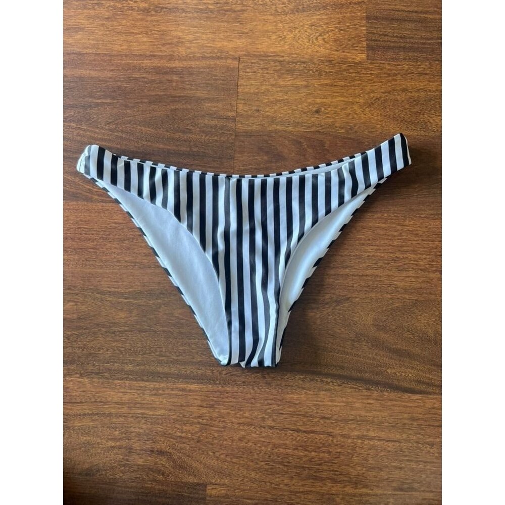 Shein Black White Striped Bikini Bottom Medium High Cut Swim